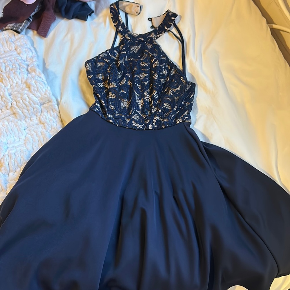 WORN ONCE navy sparkly short party dress with open back